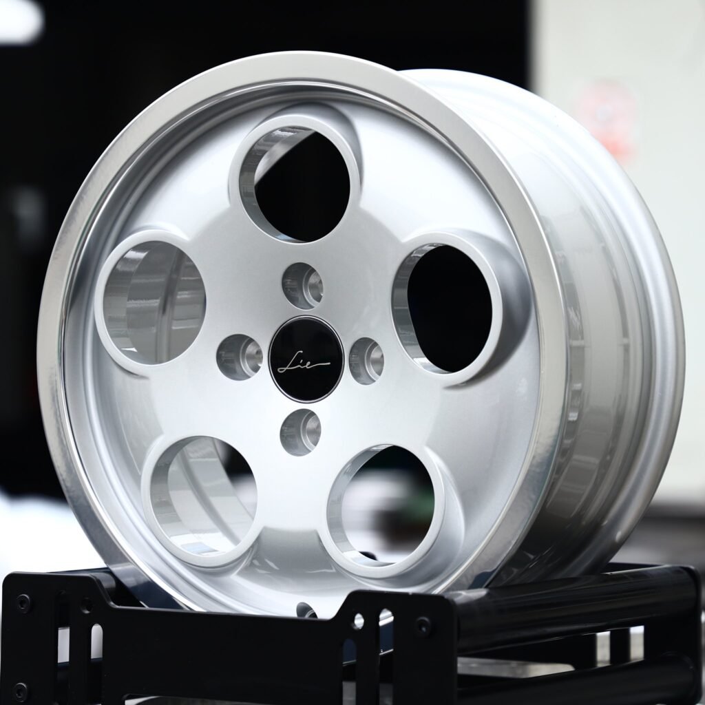 Mini Cooper R53 wheels – Bright Silver Steelie-Style Dish (Honda Civic EK / Mini Cooper R53 Forged Wheels – Bright Silver Steelie-Style), angled view