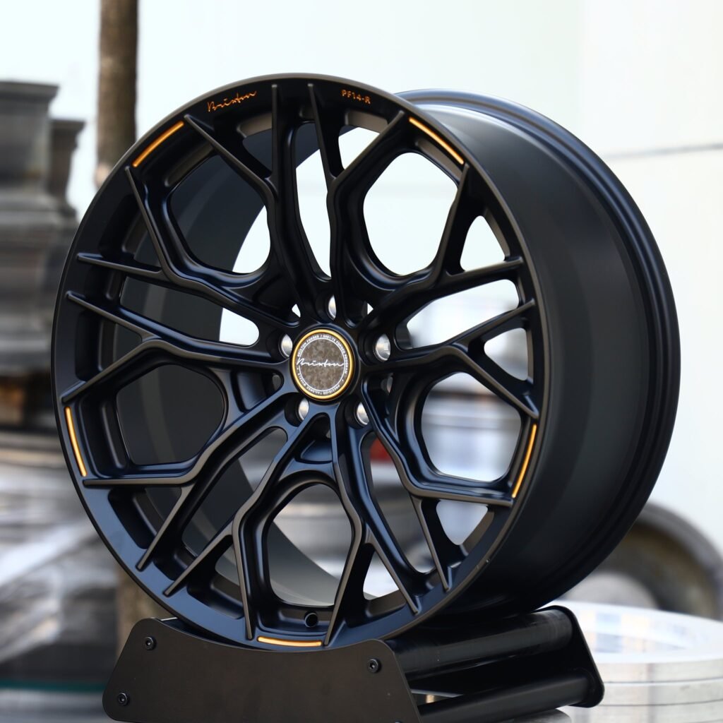 5x130 wheels – Matte Black 10 Y-Spoke Gold Pinstripe (Brixton-Style), side view