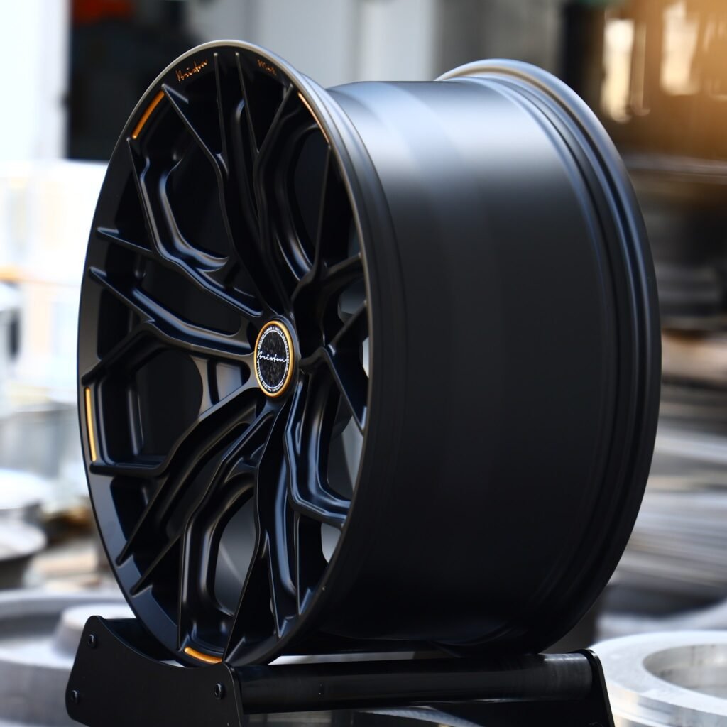 BMW M4 F82 wheels – Matte Black 10 Y-Spoke Gold Pinstripe (Brixton-Style), lip and barrel detail