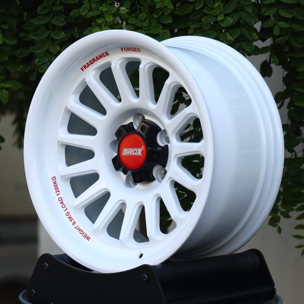 BMW M3 wheels – Brox Gloss White 15-Spoke Deep Lip, angled view
