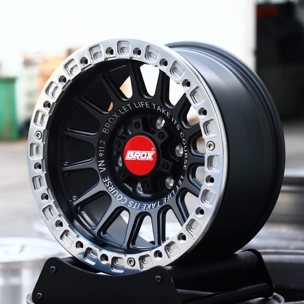 Toyota Tacoma wheels – BROX Gray Beadlock, angled view
