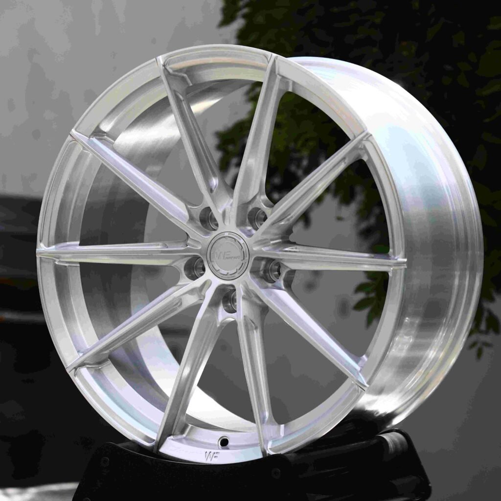 BMW M3 G80 wheels – Brushed Silver 10-Spoke (Wheelforce-Style), angled view