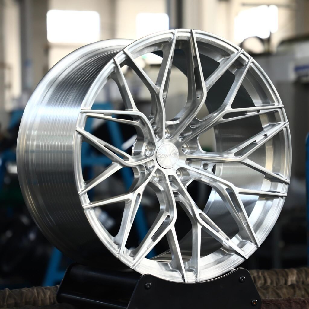 Tesla Model 3 wheels – Brushed Silver 10 Y-Spoke Side-Milled, angled view