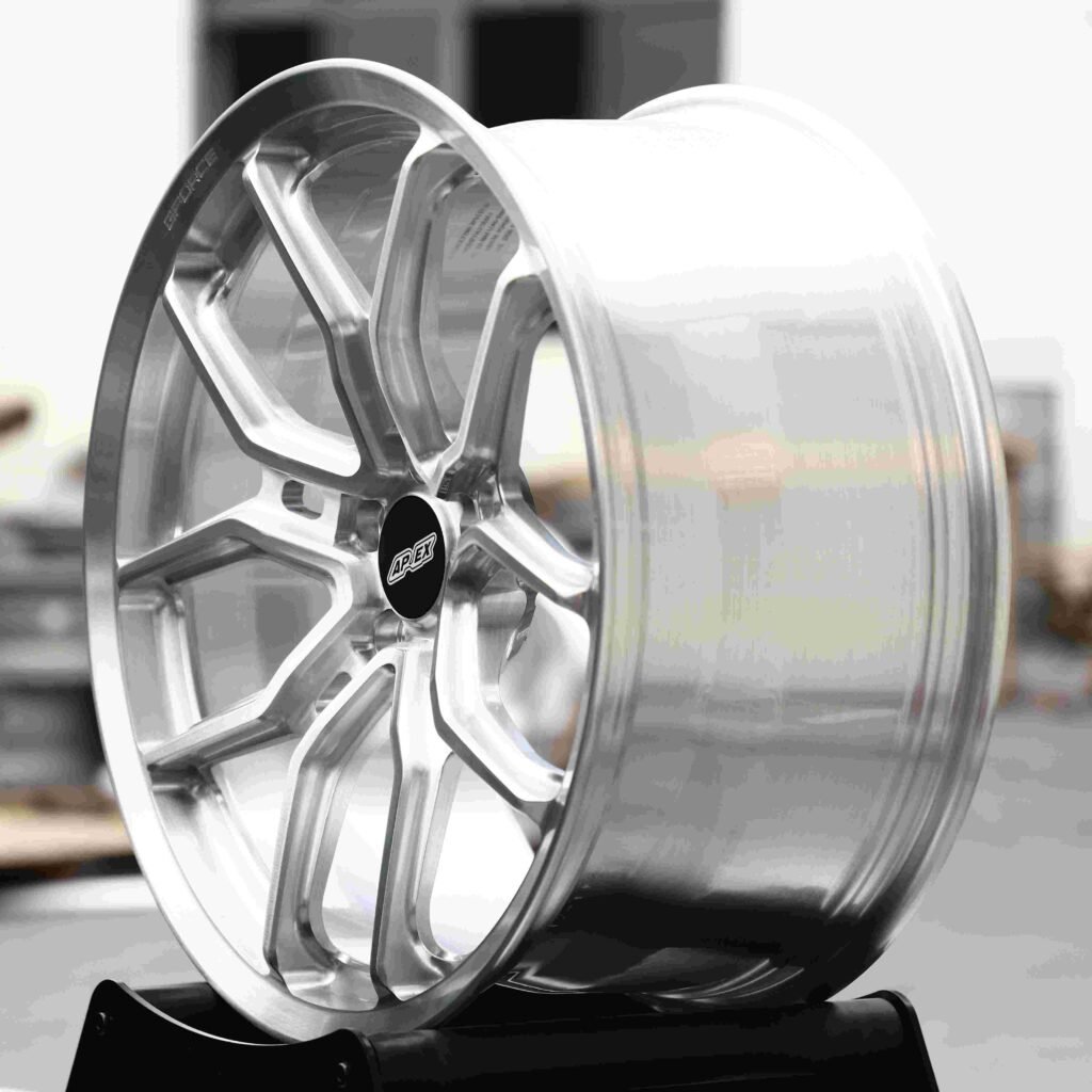 5x100 wheels – Brushed Silver 5 Y-Spoke Petal (APEX-Style), side view