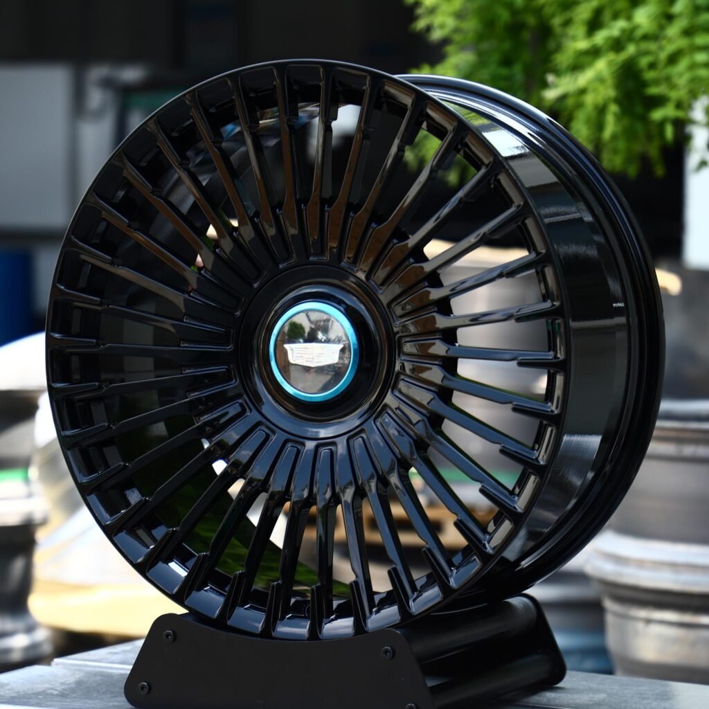 Cadillac CT4 wheels – Gloss Black Turbine Multi-Spoke (Cadillac OEM-Style), angled view