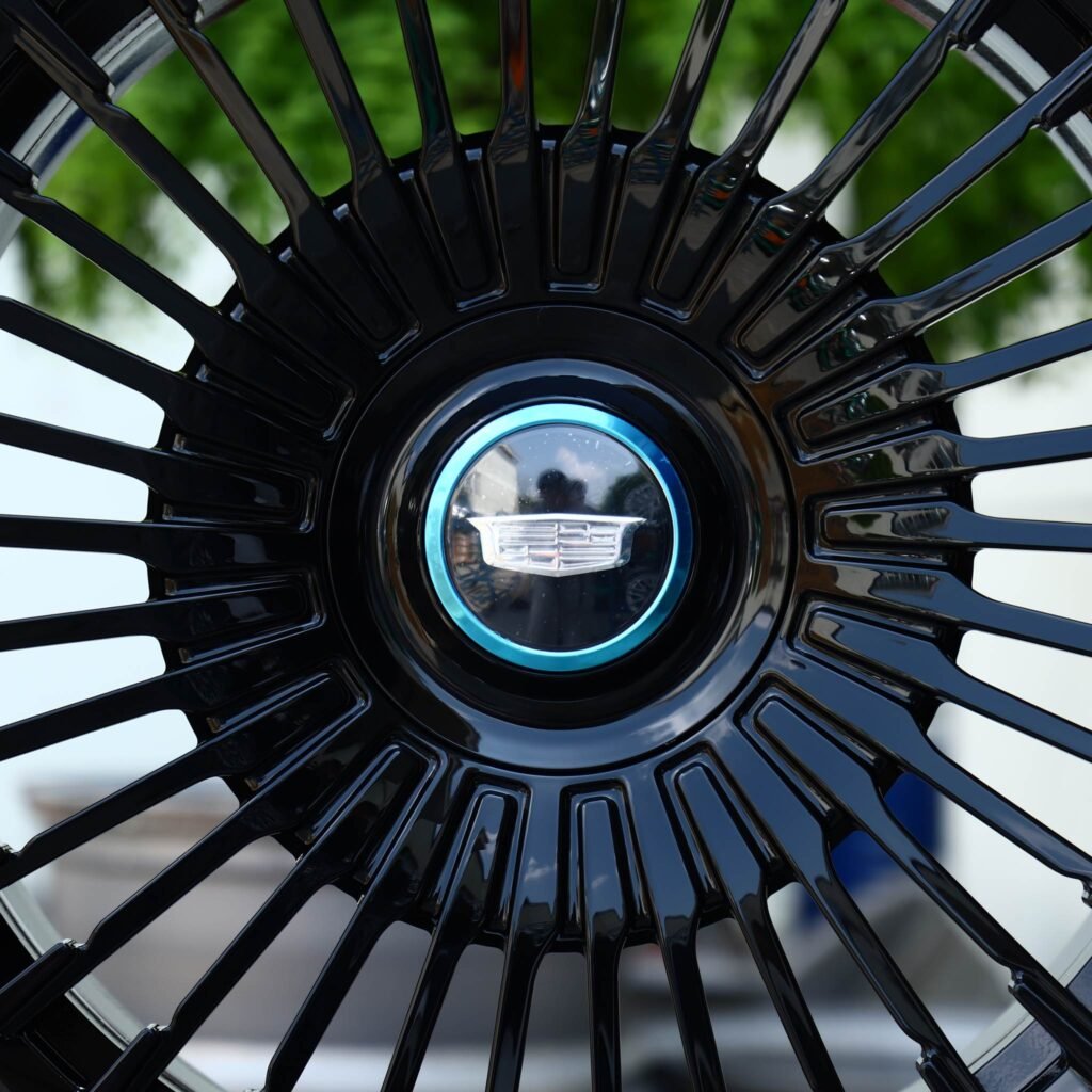 Cadillac CT5 wheels – Gloss Black Turbine Multi-Spoke (Cadillac OEM-Style), lip and barrel detail