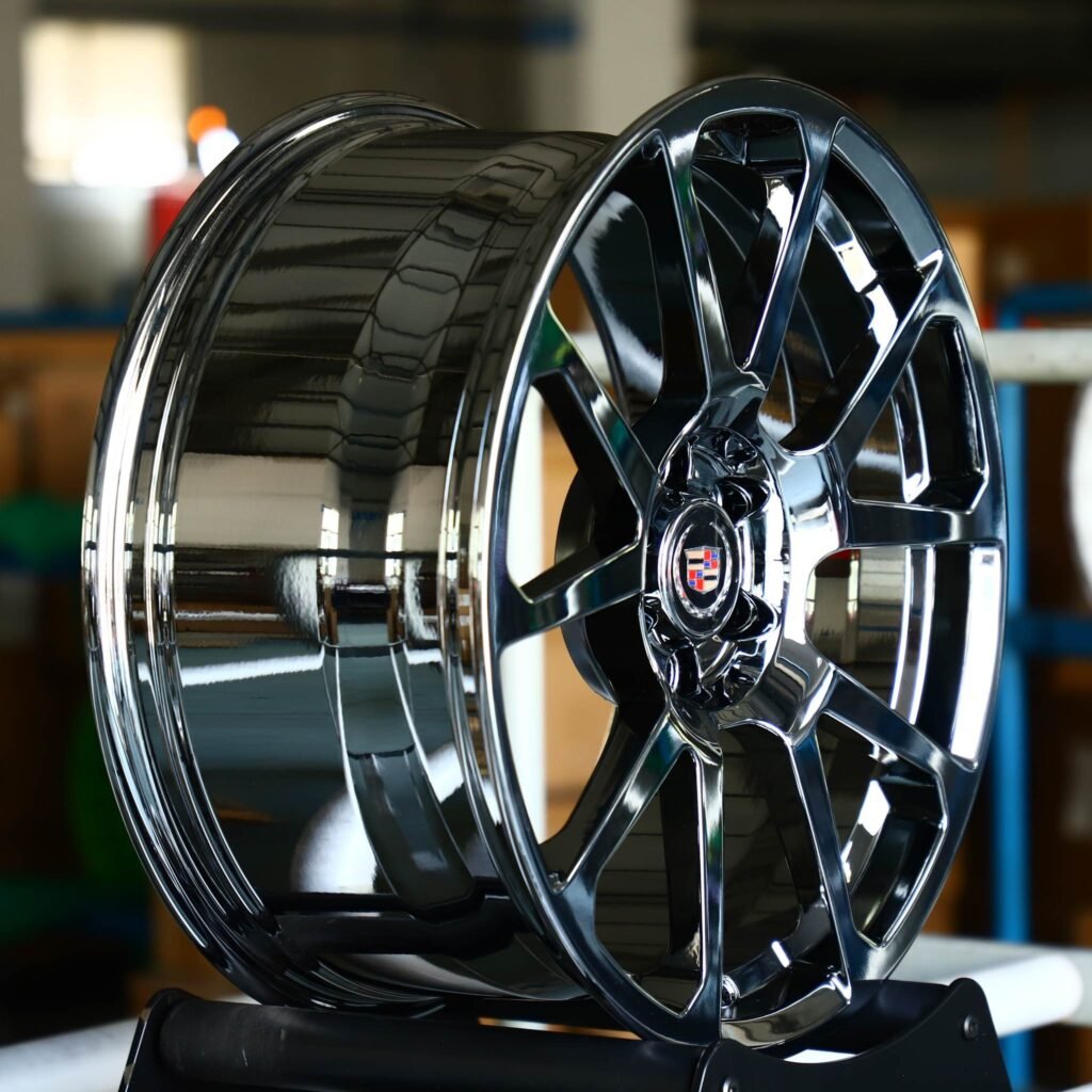 6x139.7 wheels – Black Chrome / Silver 5 Y-Spoke (Cadillac OEM-Style), side view