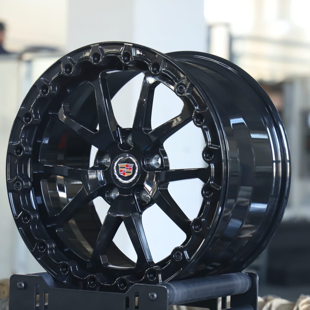 Cadillac Escalade wheels – Gloss Black 5 V-Spoke Beadlock (Cadillac OEM-Style), angled view