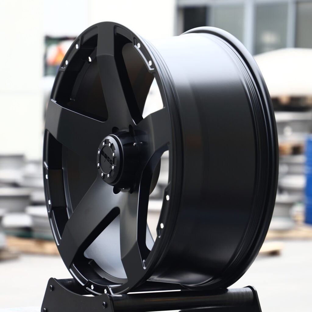 6x139.7 wheels – Matte Black 5-Spoke, side view