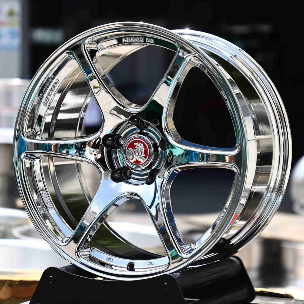 Holden HSV Coupe 4 wheels – Chrome 5-Spoke (Holden OEM-Style), angled view