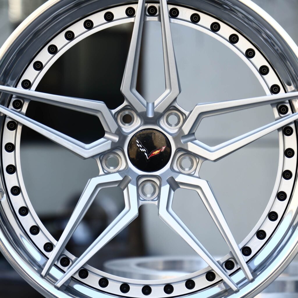 Chevrolet Corvette wheels – Matte Silver 5 Y-Spoke Deep Dish 2-Piece (Corvette OEM-Style), lip and barrel detail