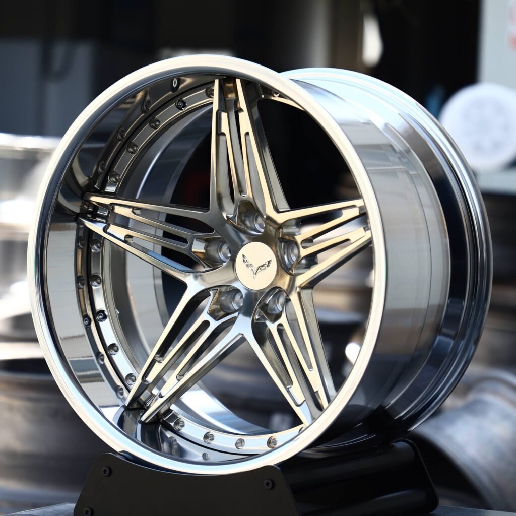 Chevrolet Corvette C6 wheels – Mirror Polished 5 Y-Spoke Deep Lip 2-Piece (Corvette OEM-Style), angled view