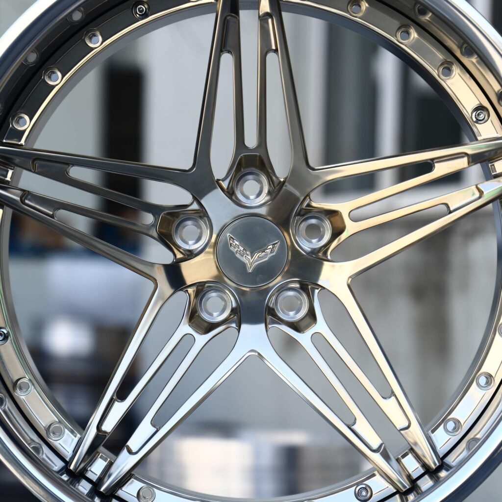 Chevrolet Camaro 5th Gen wheels – Mirror Polished 5 Y-Spoke Deep Lip 2-Piece (Corvette OEM-Style), lip and barrel detail