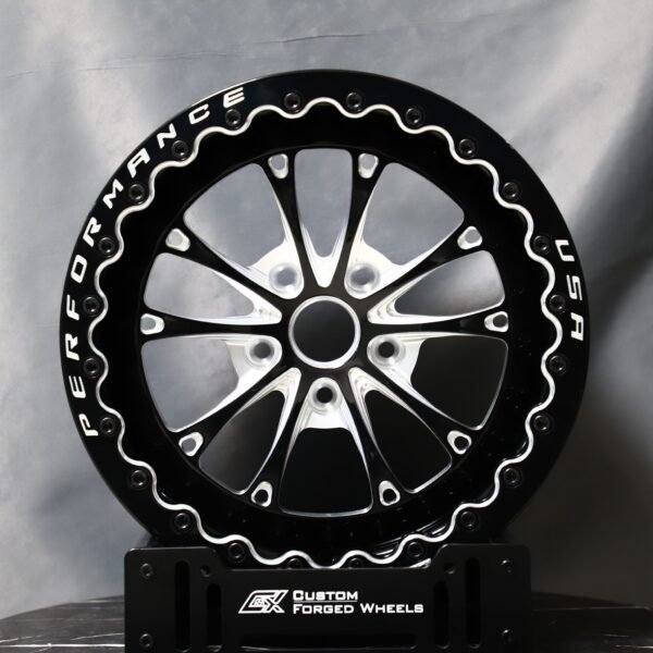 Ford Mustang wheels – Black / Machined 10-Spoke Lettered-Ring Beadlock, front view