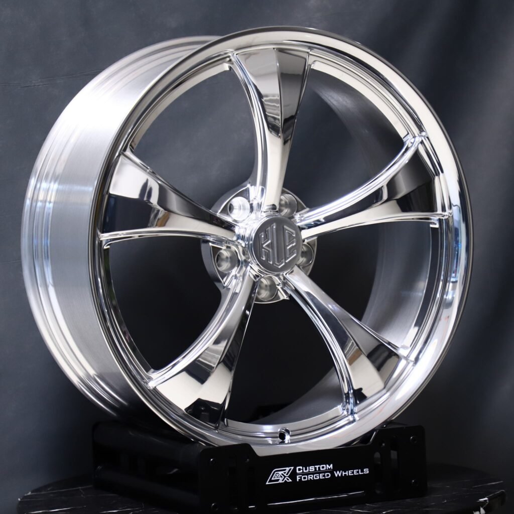 BMW M3 wheels – Custom Finish 5-Spoke Deep Lip Directional Milled Mirror Polished, angled view