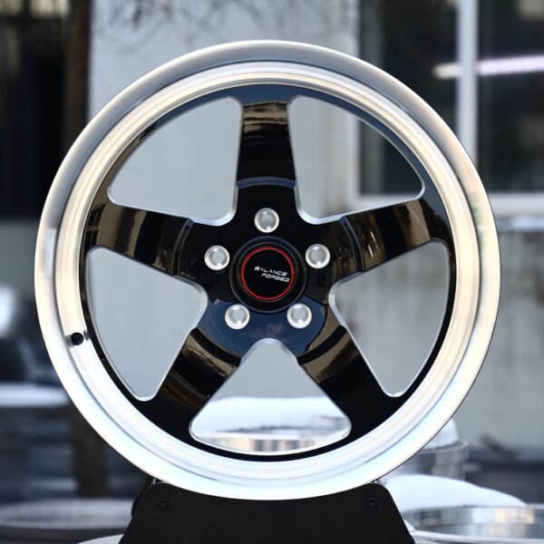 Ford Mustang wheels – Gloss Black Curved 5-Spoke Polished-Lip Beadlock, front view