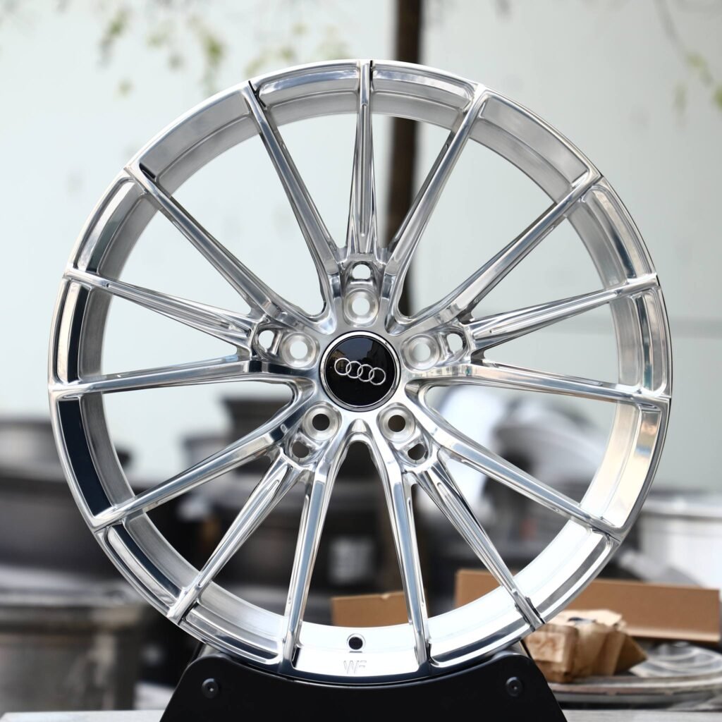 Tesla Model Y wheels – Custom Finish 5 W-Spoke Mirror Polished, front view