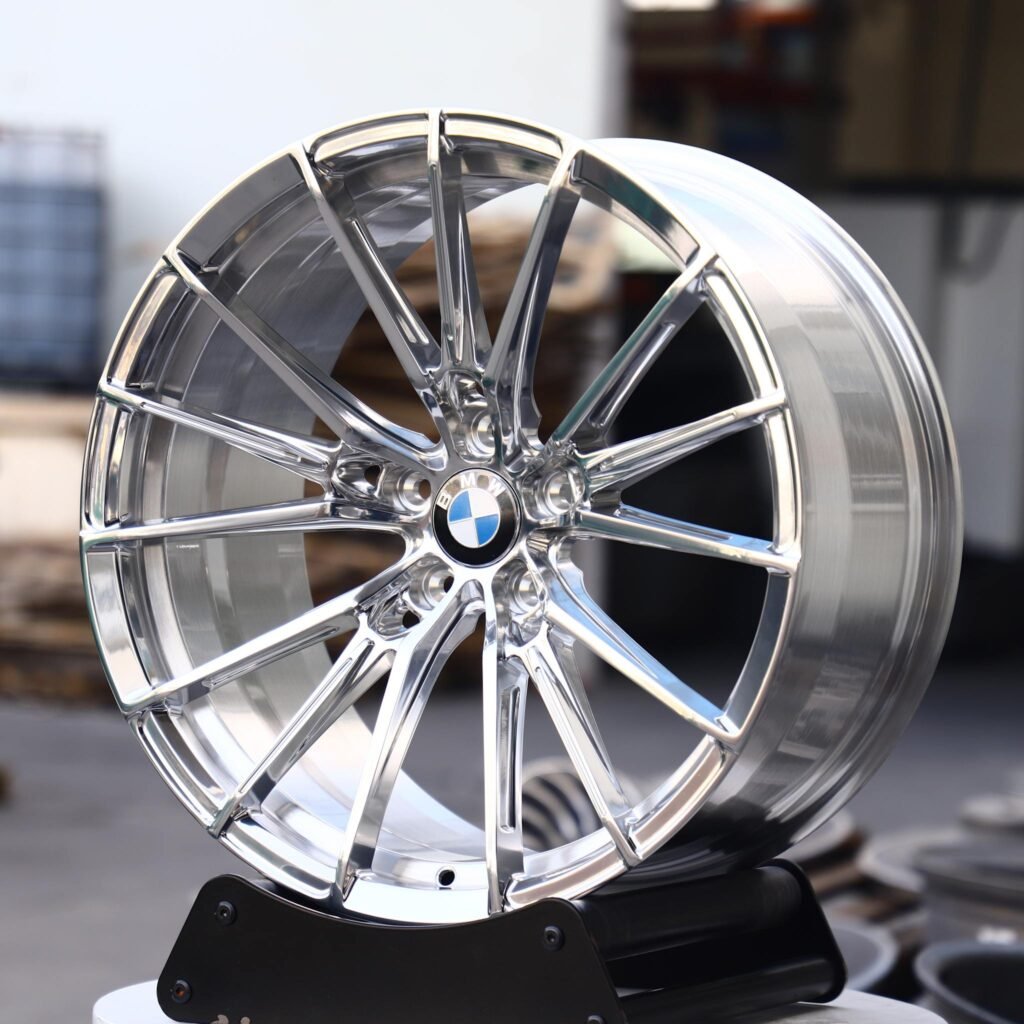 BMW M3 G80 wheels – Custom Finish 5 W-Spoke Mirror Polished, angled view