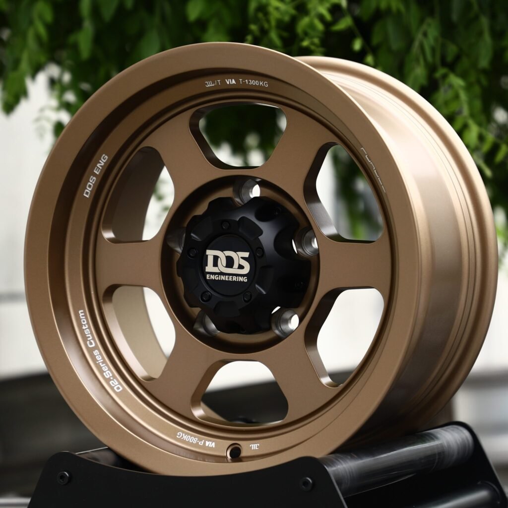 Land Rover Defender wheels – Matte Bronze 6-Spoke (DOS Engineering-Style), angled view