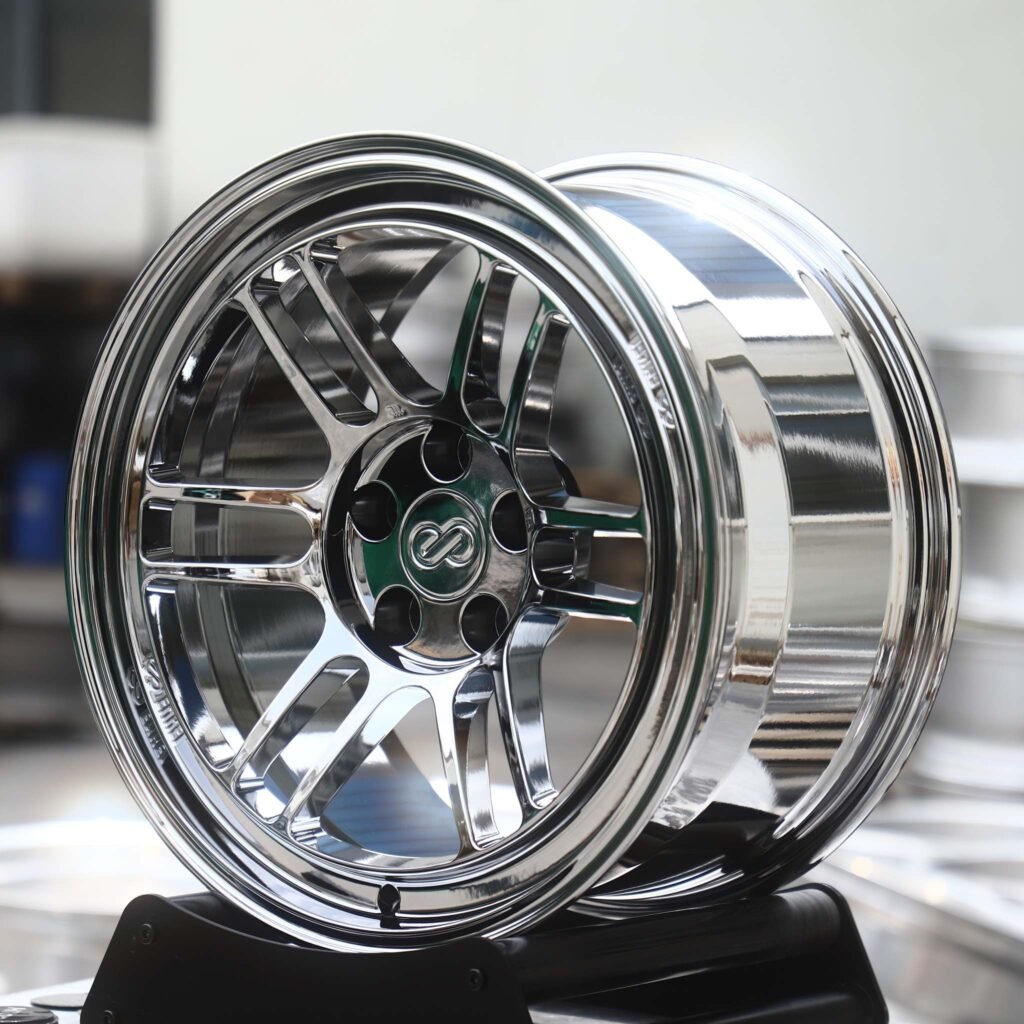 BMW M3 wheels – Chrome Twin 6-Spoke (Enkei-Style), angled view