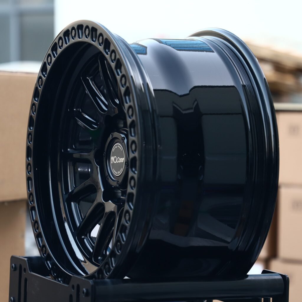 6x135 wheels – Gloss Black 12-Spoke Bolt-Ring (EvoCorse-Style), side view