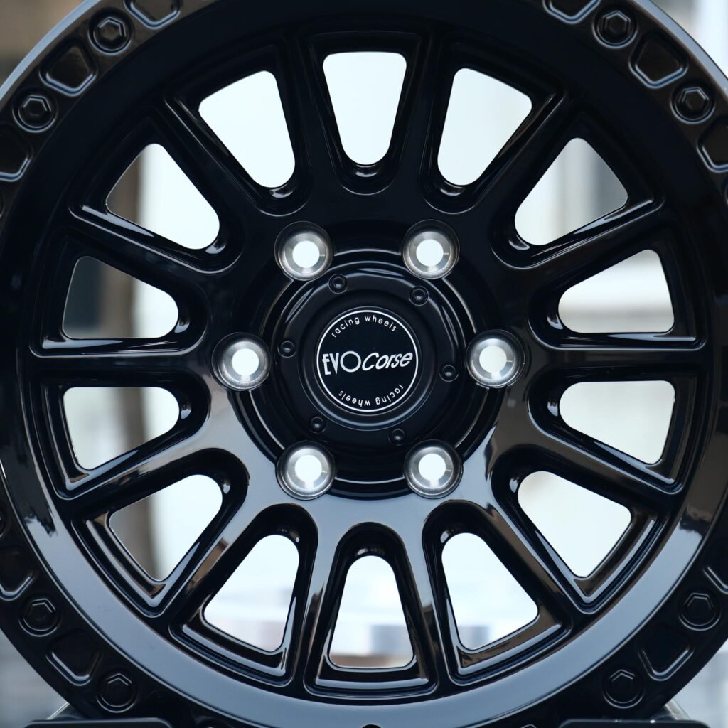 Toyota 4Runner wheels – Gloss Black 12-Spoke Bolt-Ring (EvoCorse-Style), lip and barrel detail