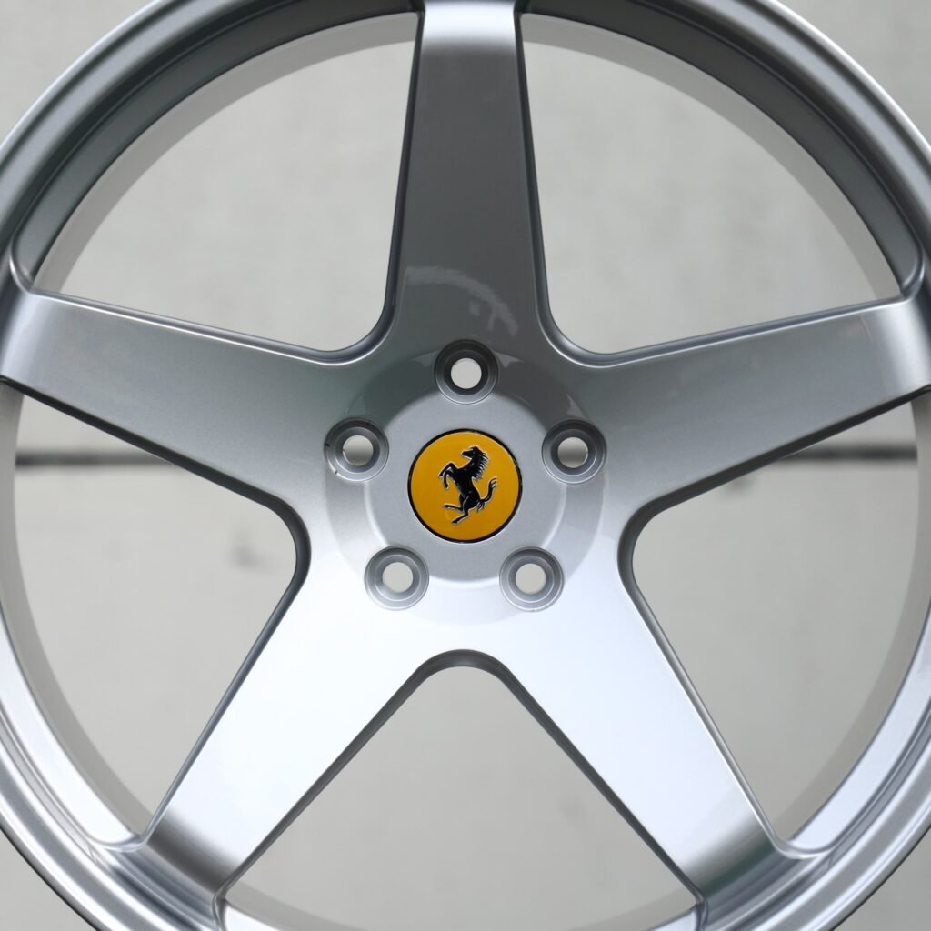 Ferrari F8 wheels – Bright Silver 5-Spoke (Ferrari OEM-Style), angled view