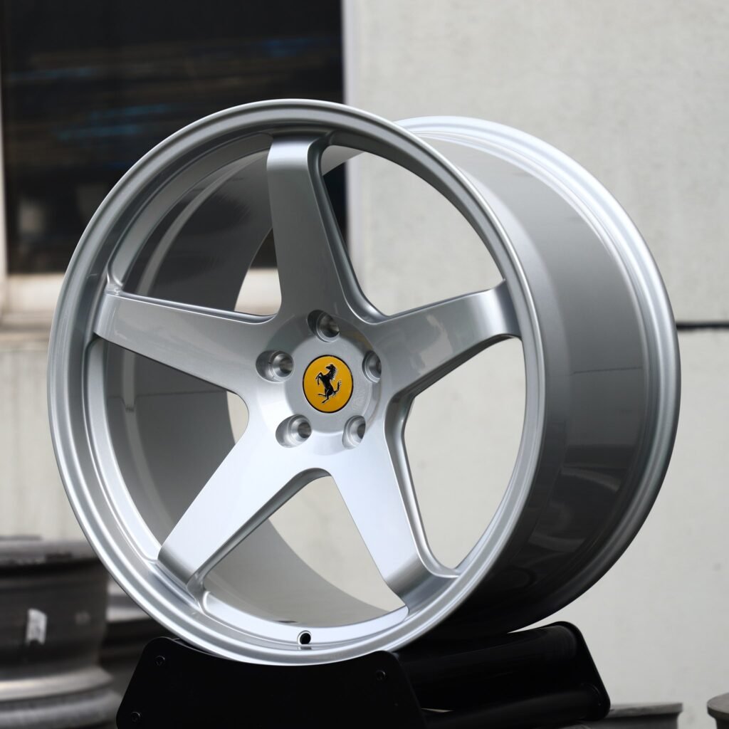 5x114.3 wheels – Bright Silver 5-Spoke (Ferrari OEM-Style), side view