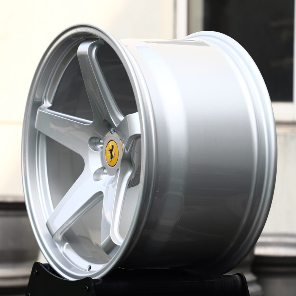 Ferrari 488 wheels – Bright Silver 5-Spoke (Ferrari OEM-Style), lip and barrel detail