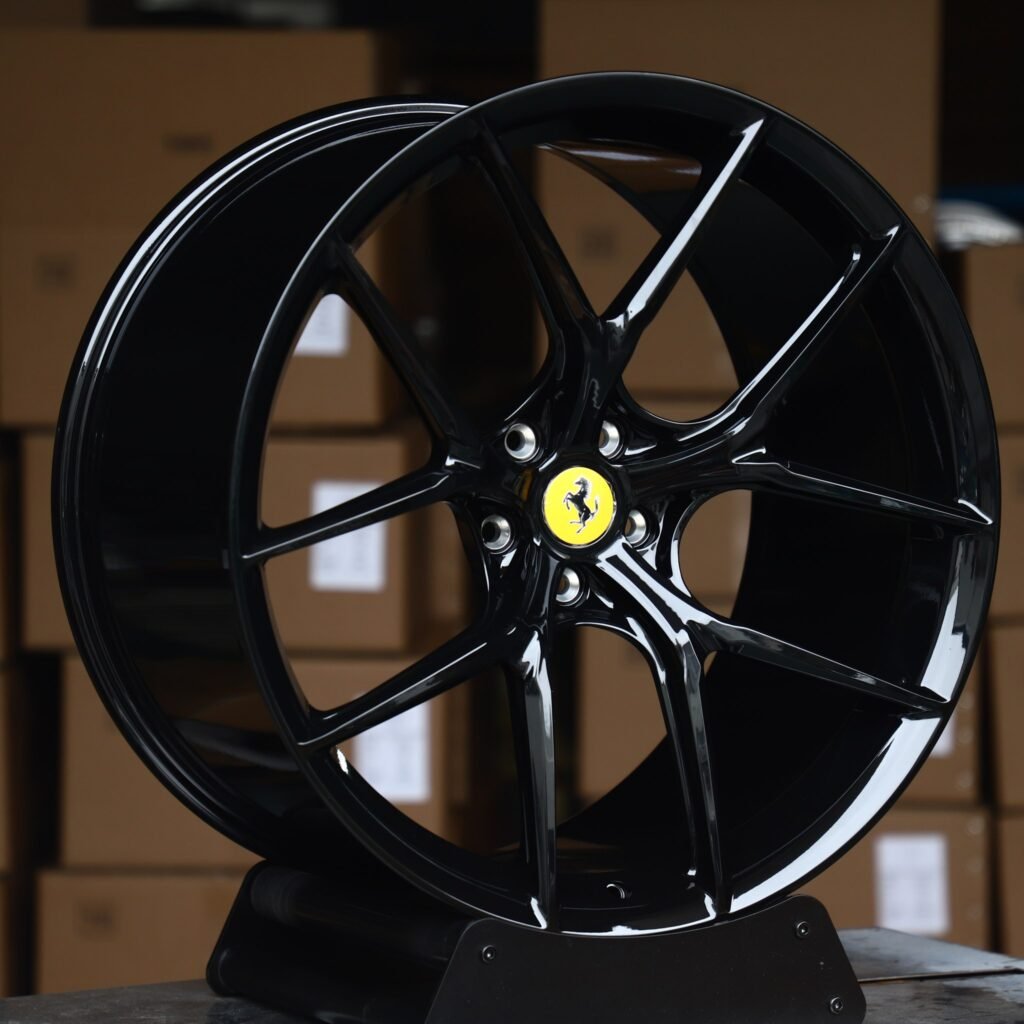 Ferrari F8 wheels – Gloss Black 5 Y-Spoke (Ferrari OEM-Style), angled view