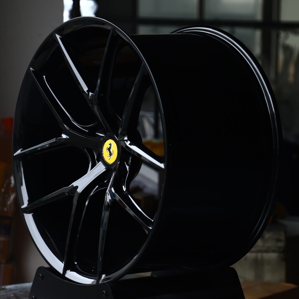 5x114.3 wheels – Gloss Black 5 Y-Spoke (Ferrari OEM-Style), side view