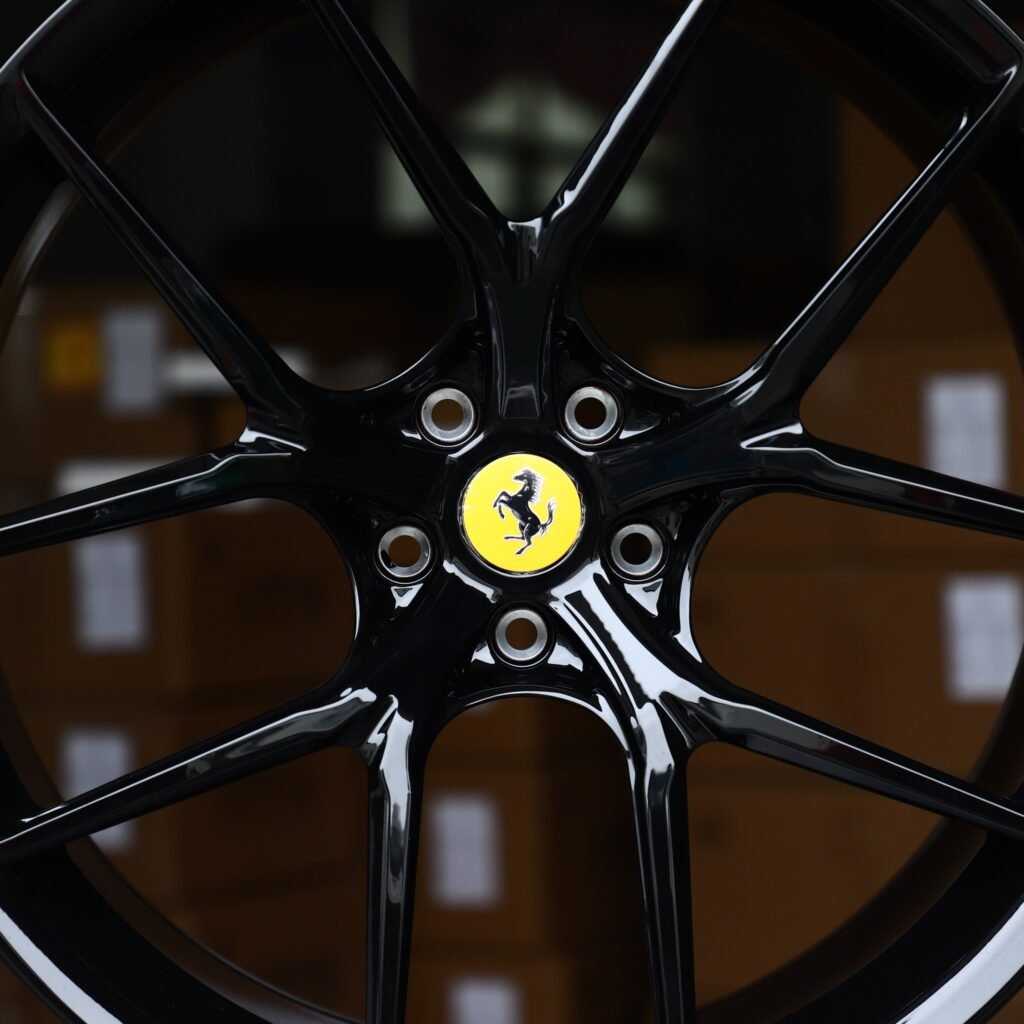 Ferrari 488 wheels – Gloss Black 5 Y-Spoke (Ferrari OEM-Style), lip and barrel detail