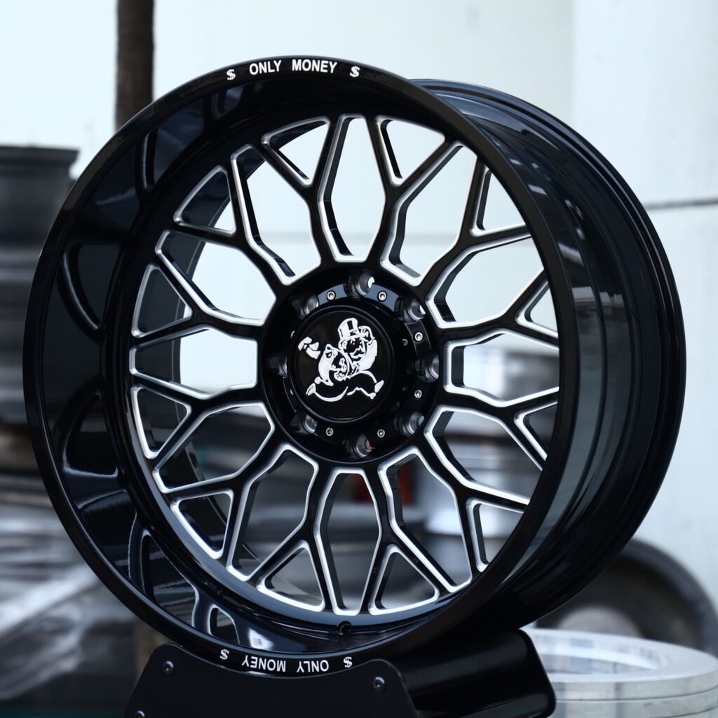 8x170 wheels – Gloss Black Machined Mesh, side view