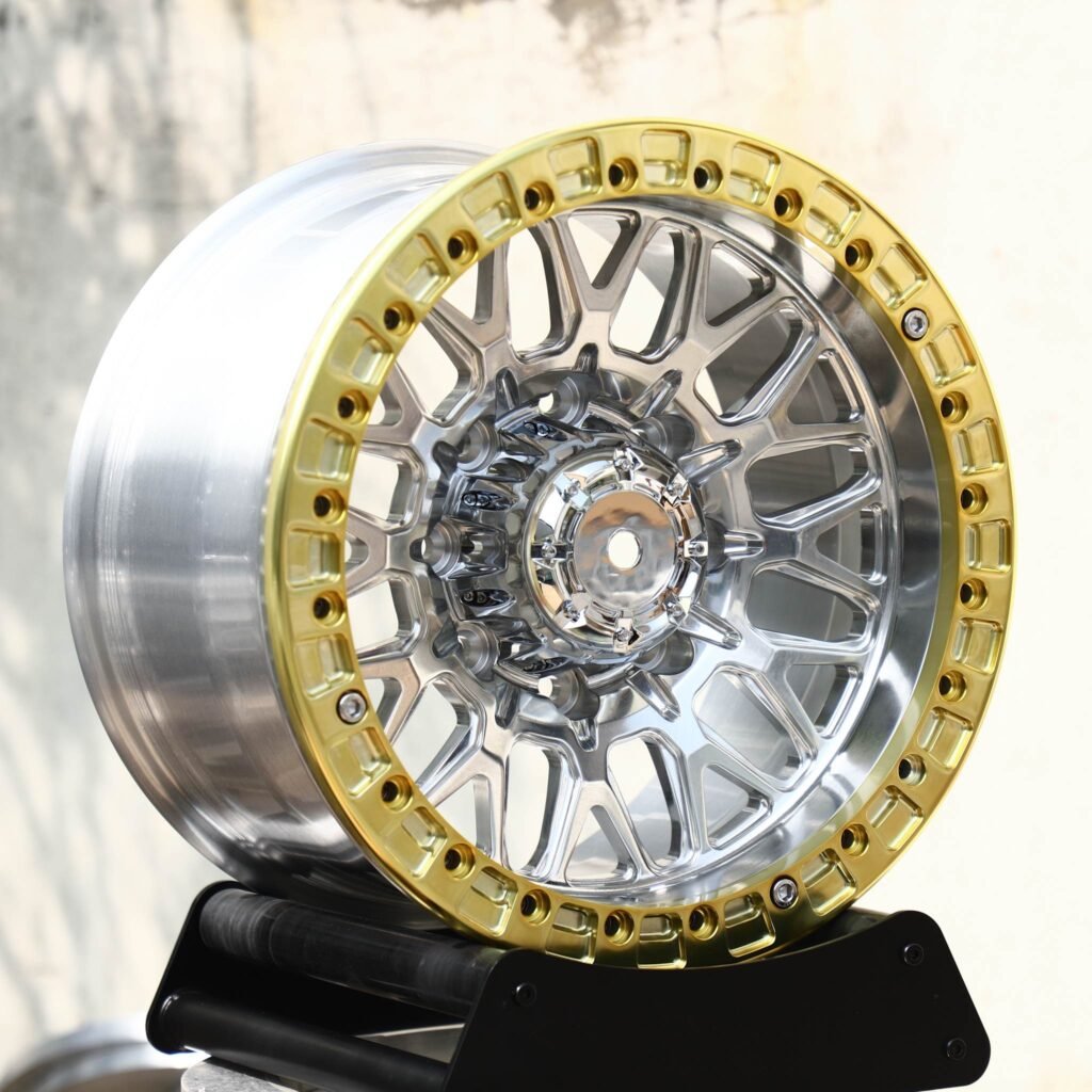 Chevrolet Silverado HD wheels – Mirror Milled Mesh Gold-Ring Beadlock, angled view