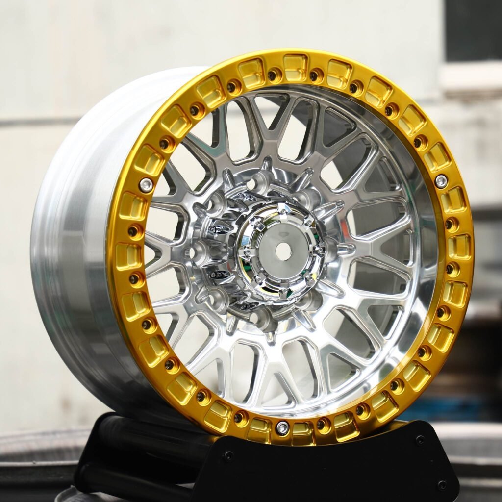 Chevrolet Silverado HD wheels – Mirror Milled Mesh Yellow-Ring Beadlock, angled view