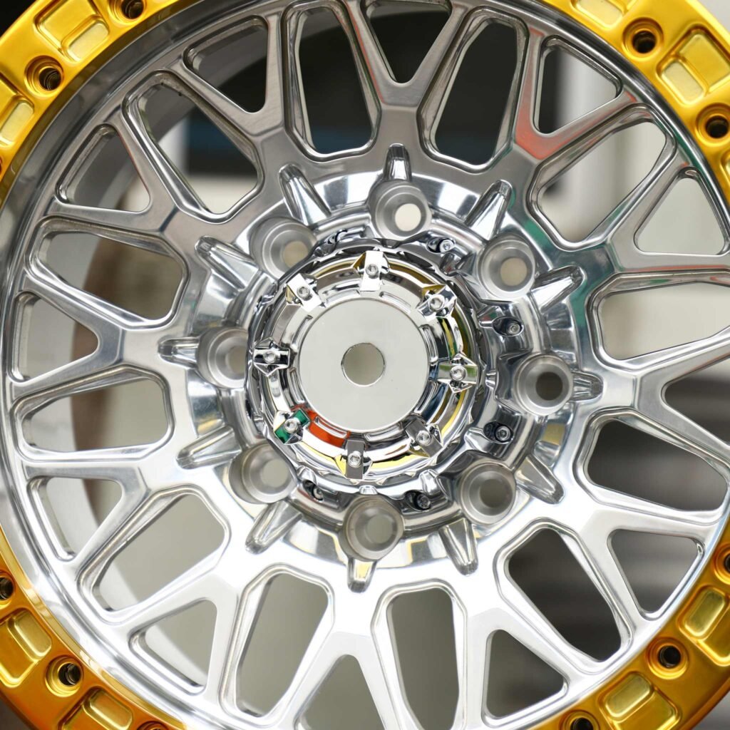 Chevrolet Silverado 2500HD wheels – Mirror Milled Mesh Yellow-Ring Beadlock, lip and barrel detail