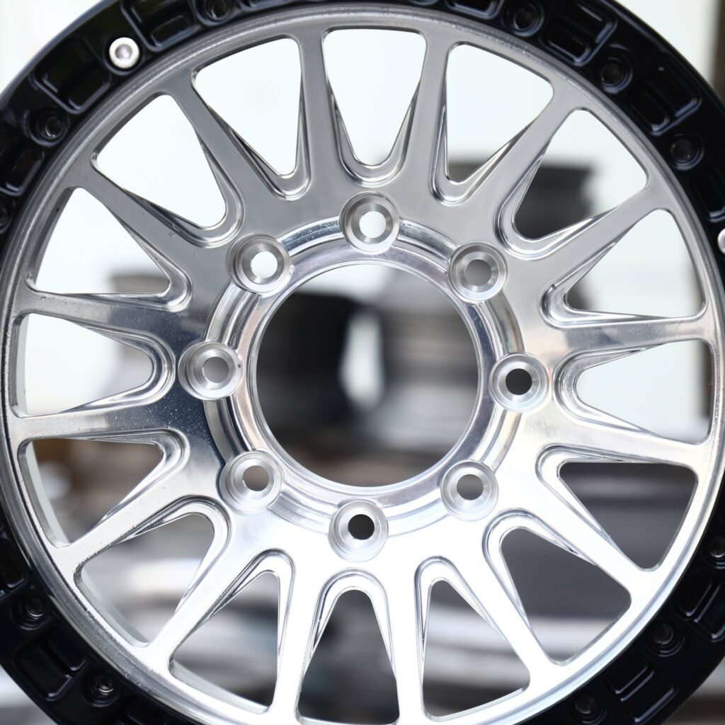 Chevrolet Silverado 2500HD wheels – Mirror Polished 16-Spoke Black-Ring Beadlock, lip and barrel detail