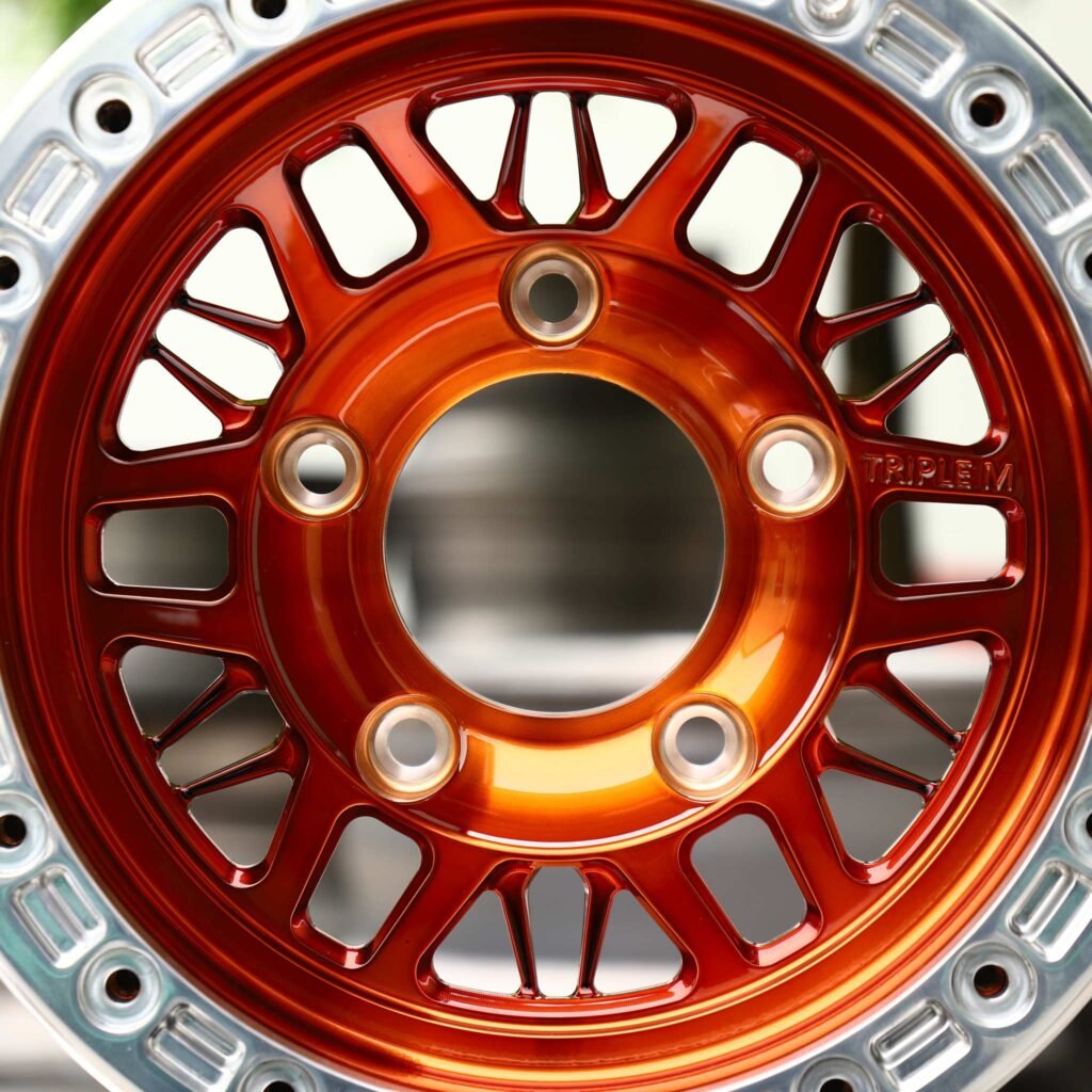 Dodge Charger wheels – Candy Orange Mesh Polished Beadlock, lip and barrel detail