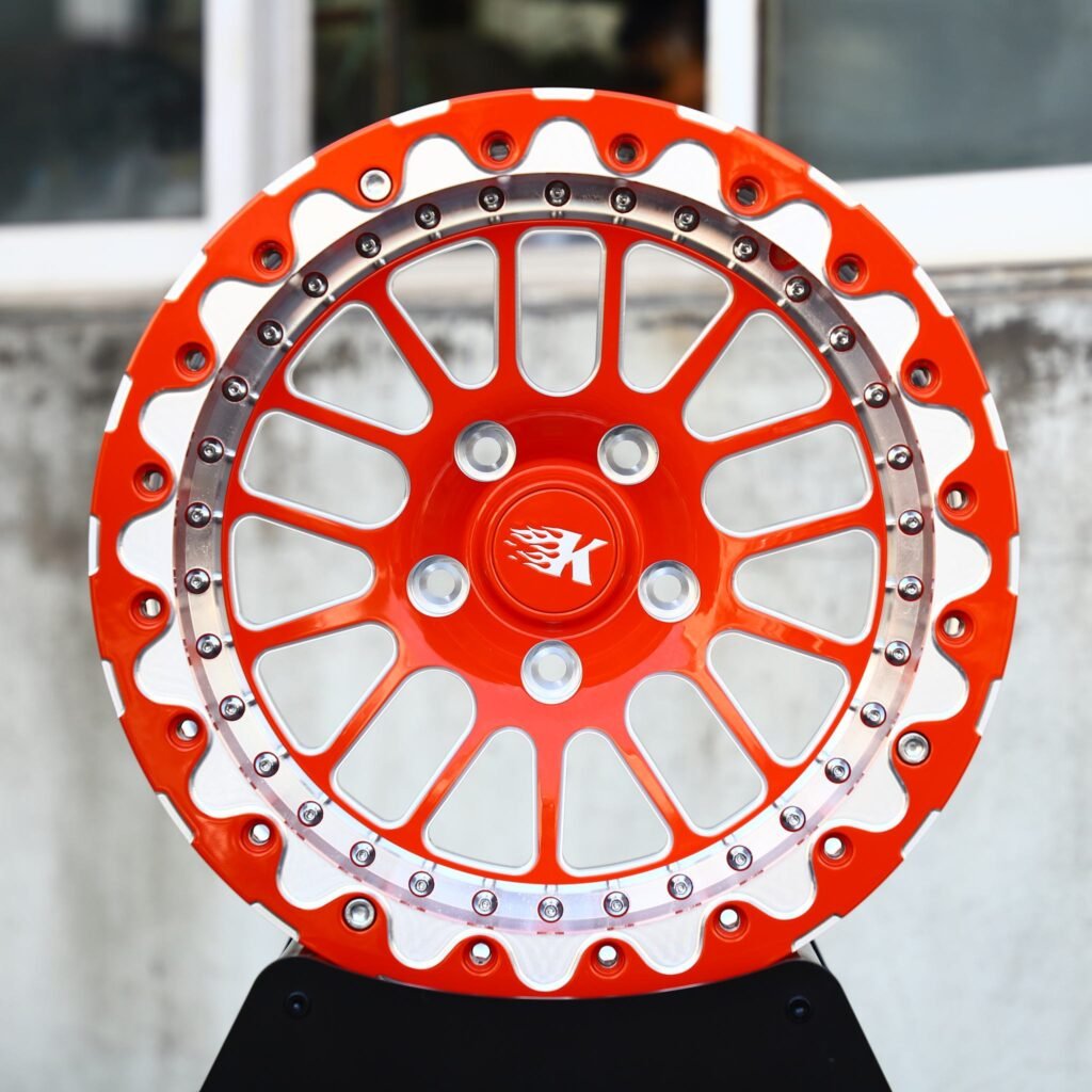 Ford Mustang wheels – Orange / Polished Mesh Beadlock, front view