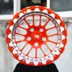 Ford Mustang / Corvette C7 Forged Drag Racing Wheels – Orange / Polished Mesh Beadlock (5-Lug)