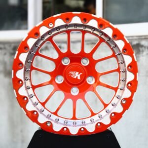 Ford Mustang / Corvette C7 Forged Wheels – Orange / Polished Mesh Beadlock (5-Lug)