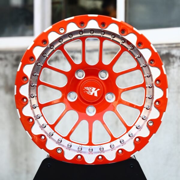 Ford Mustang wheels – Orange / Polished Mesh Beadlock, front view
