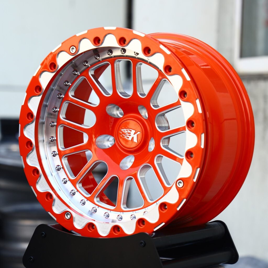 Chevrolet Corvette C7 wheels – Orange / Polished Mesh Beadlock, angled view