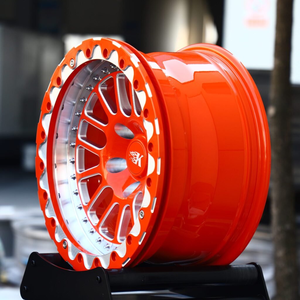5x114.3 wheels – Orange / Polished Mesh Beadlock, side view