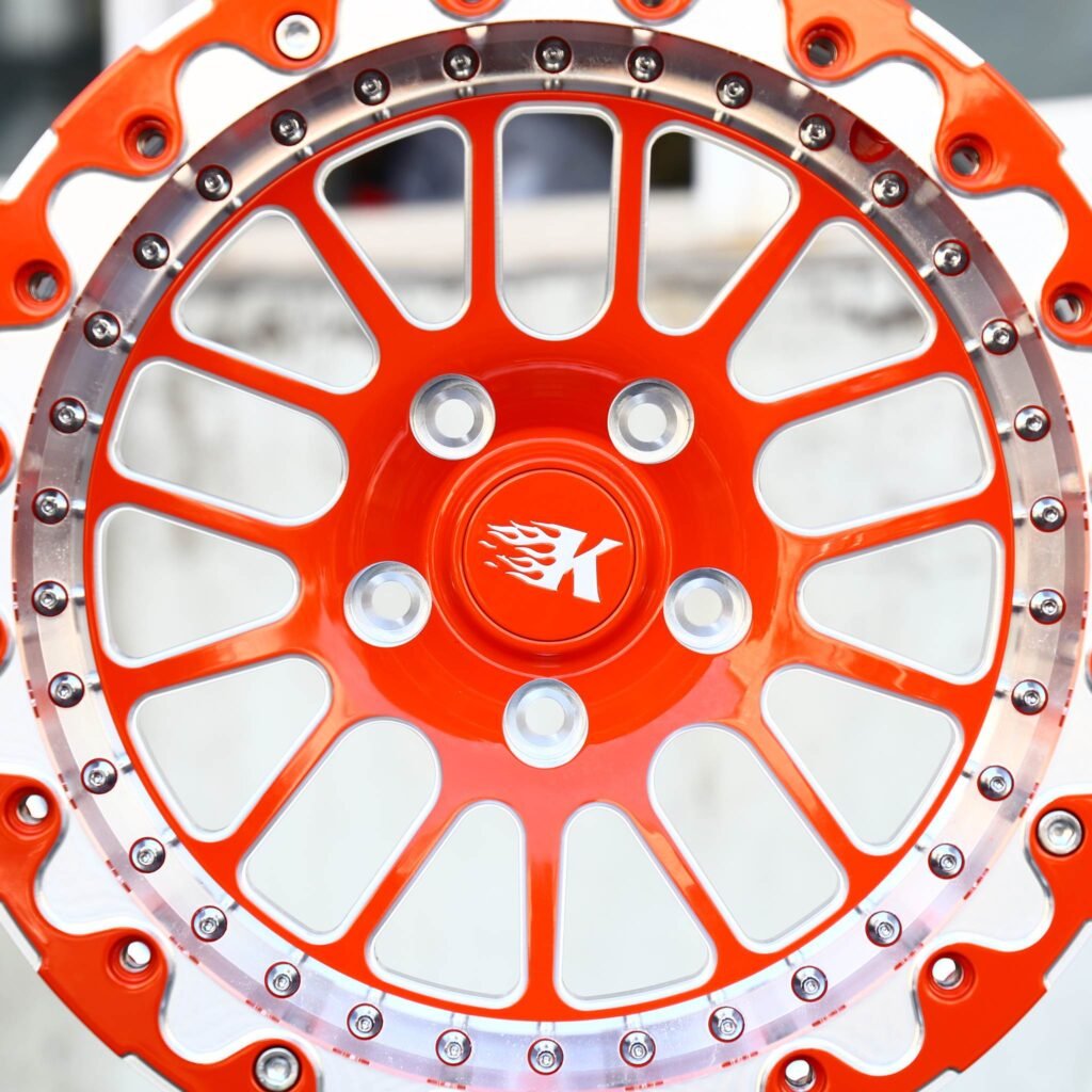 Dodge Charger wheels – Orange / Polished Mesh Beadlock, lip and barrel detail