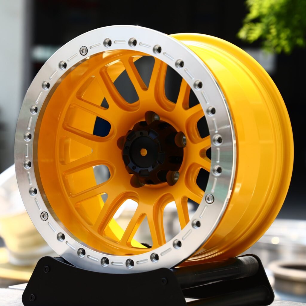 Chevrolet Corvette C7 wheels – Yellow 16-Spoke Polished Beadlock, angled view
