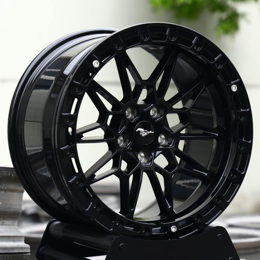Ford Mustang S650 wheels – Gloss Black Mesh Multi-Spoke (Ford Mustang OEM-Style), angled view