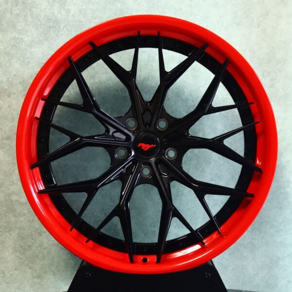 Ford Mustang S550 wheels – Gloss Black / Red Lip 10 Y-Spoke Deep Lip 2-Piece (Ford Mustang OEM-Style), front view