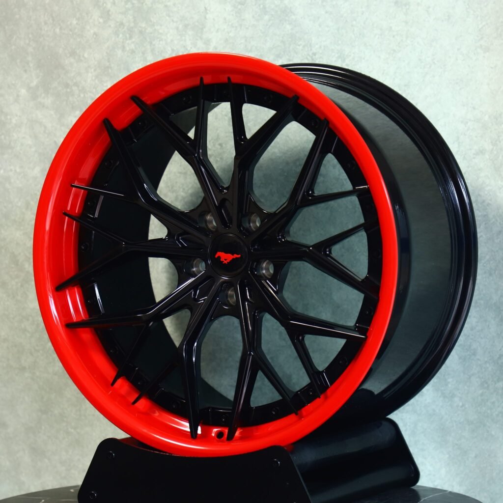 Ford Mustang S650 wheels – Gloss Black / Red Lip 10 Y-Spoke Deep Lip 2-Piece (Ford Mustang OEM-Style), angled view