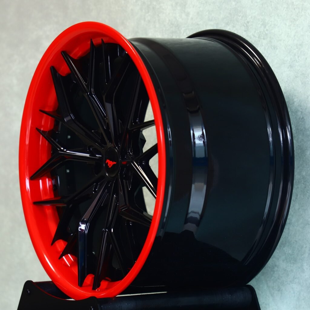 5x114.3 wheels – Gloss Black / Red Lip 10 Y-Spoke Deep Lip 2-Piece (Ford Mustang OEM-Style), side view
